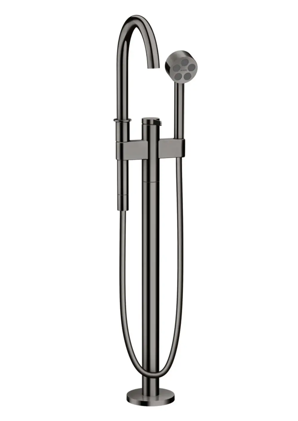 Stehender Wannenmischer in Polished Black Chrome von AXOR mit einem hohen, geschwungenen Auslauf und Handbrauseanschluss.